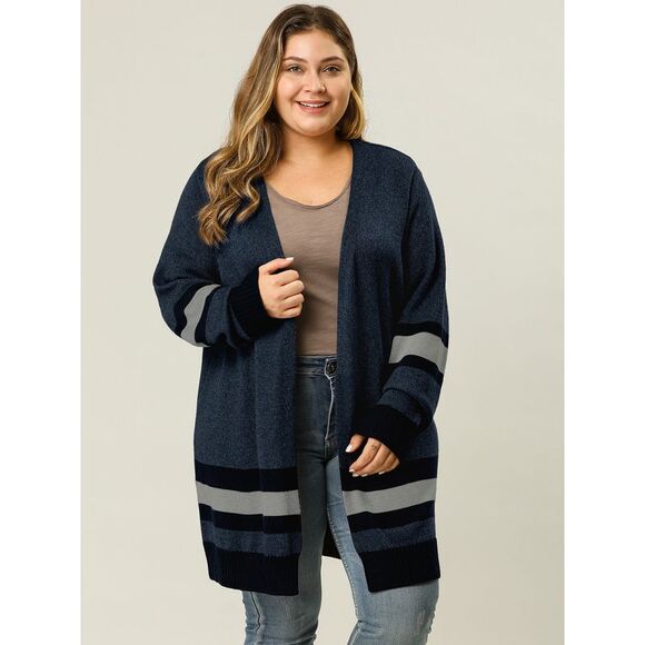 Plus Size Contrast Color Striped Open Front Sweater Cardigans Navy Blue - Picture 4 of 5